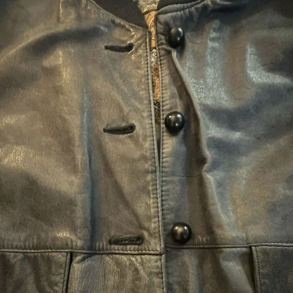 Pelle Mens M Genuine Leather Bomber Jacket Black Snap Front Missing 2 Buttons